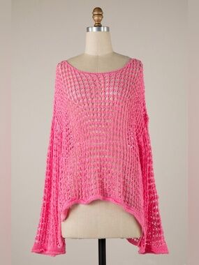 Open-Weave Scoop Neck Pullover in Cherry Pink